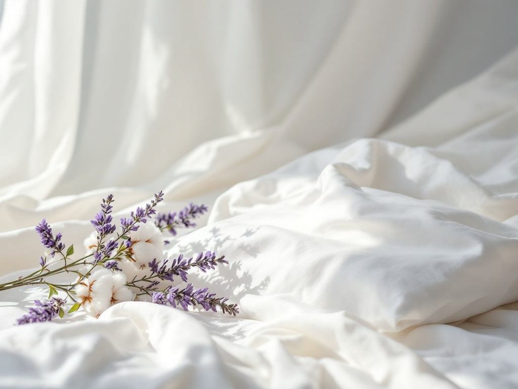 Fresh Linen wax melts on soft white fabric with lavender and cotton flowers, capturing a clean and refreshing atmosphere.