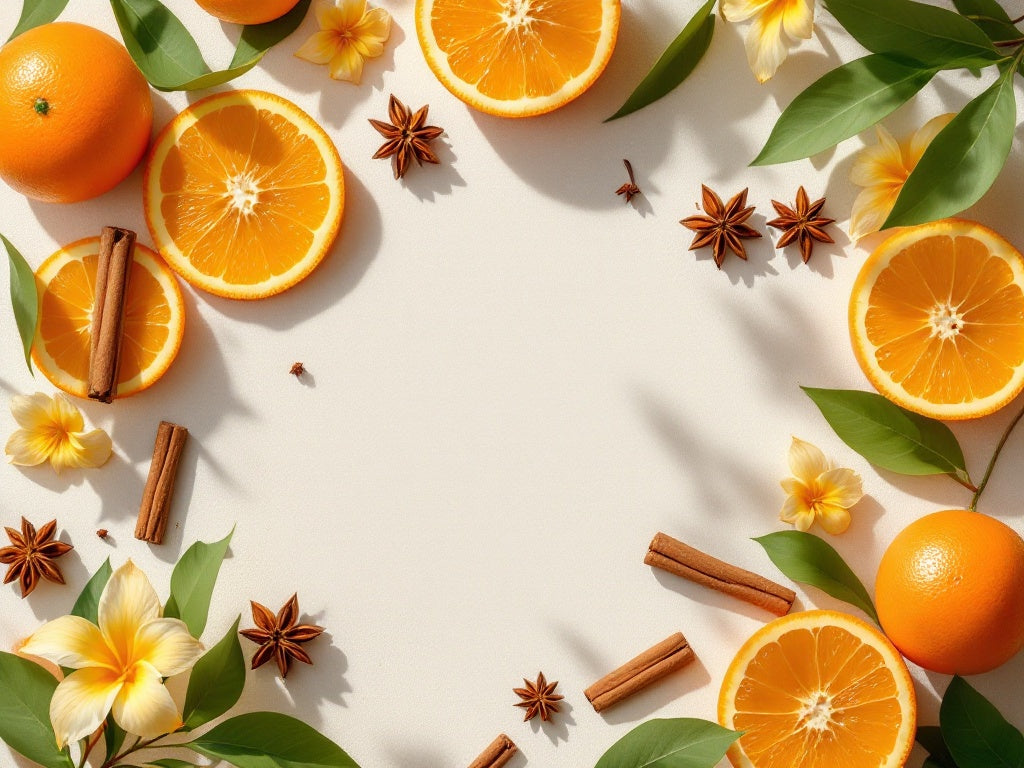Orange botanical wax cubes surrounded by fresh oranges, flowers, and spices for a vibrant, aromatic experience.