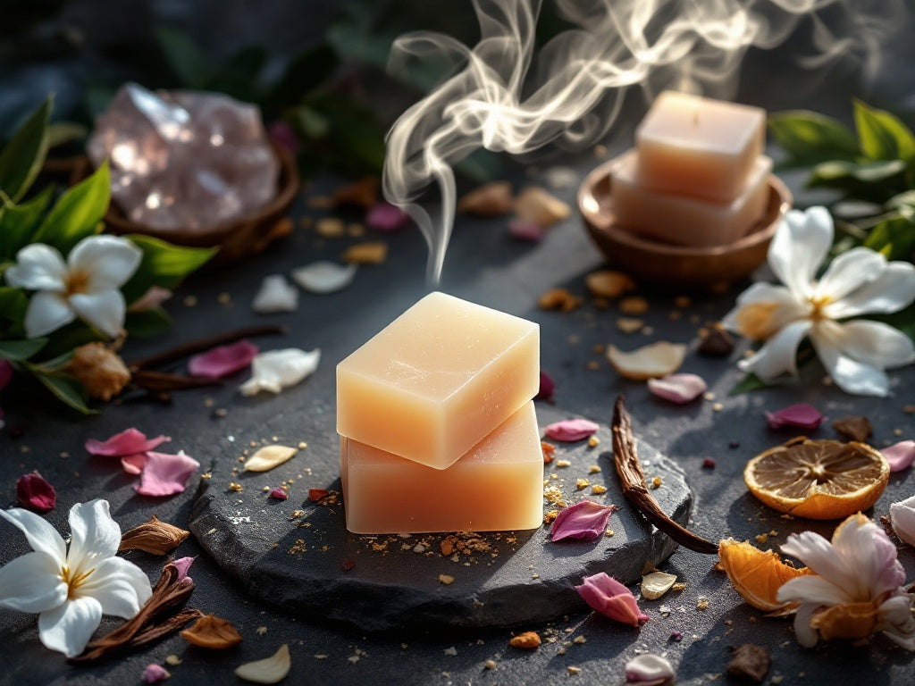 Jasmine and Patchouli fragrance bar surrounded by flowers and herbs, with steam rising, highlighting luxurious aroma.